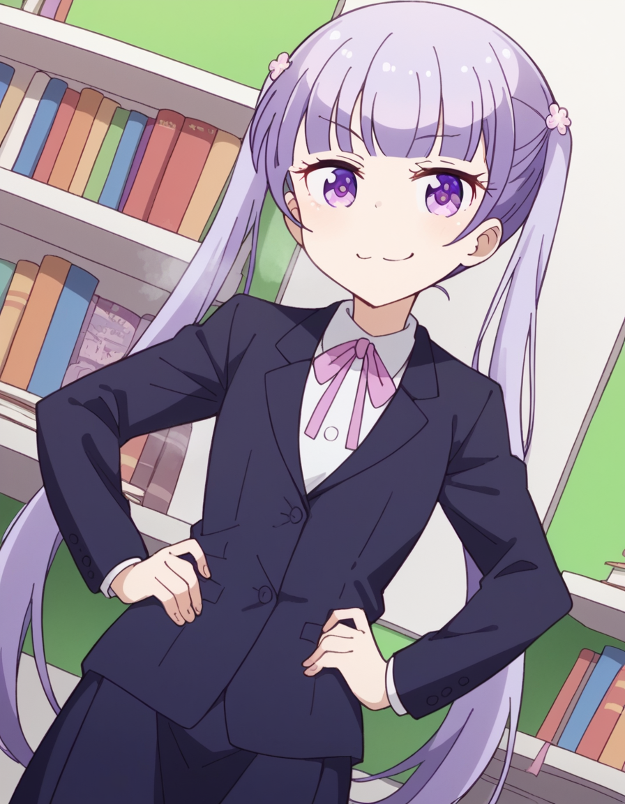 score_9, score_8_up, score_7_up, source_anime, <lora:aoba-suzukaze-s2-ponyxl-lora-nochekaiser:1>, aoba suzukaze, eyebrows, hair ornament, long hair, purple eyes, purple hair, twintails,, blue skirt, bow, bowtie, business suit, dress shirt, formal, neck ribbon, pink bow, pink bowtie, pink ribbon, ribbon, shirt, skirt, skirt suit, suit, white shirt,, bookstore, browsing shelves, new book smell, finding a favorite, quiet atmosphere, , looking at viewer, smug, hands on hips,, solo,, cowboy shot, dutch angle
