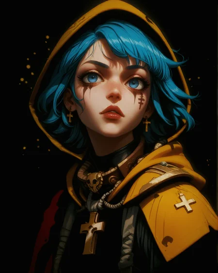 <lora:RFStyle:1.2>, <lora:luce-PD-1.0:0.6>, <lora:edgAdeptaSororitasPonyv1:0.8>,   score_9_up, (score_8_up, score_7_up:1.2), score_6_up, solo, (high quality, hires, very detailed), (GLSHS), perfect proportions, (from side:0.9), portrait of 1girl, blue hair, dark blue eyes, short hair, cross on the neck, (brave:1.2), zzzz, (confident expression with [slightly parted lips] and a relaxed posture:1.2), BREAK  wearing (black color:1.1) power armor with (yellow raincoat:1.1), ((hood up:1.4)), shoulder armor,  BREAK  (simple black background), (strong wind current:1.2), (flat color, dark theme), (side lighting, light particles:1.2), (reflections:1.4), (gorgeous light and shadows, detailed half-body shadows, partially illuminated, halftone effect:1.2),  embedding:zPDXL3,   <lora:hand 4:0.3>, <lora:add-detail-xl:2>,  zPDXL3, perfect hands, edgAdepta, luce, Rotten Forest,