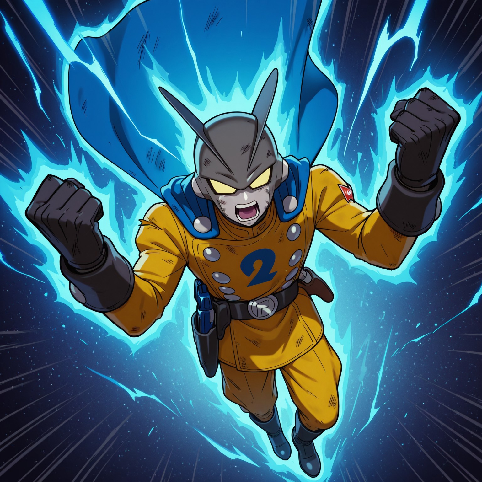 1boy, 2d, solo, DBSGamma2, male, android, humanoid, dark gray skin, light gray skin, two tone skin, yellow sclera, no pupils, two fins on head, Yellow uniform, yellow pants, long sleeves, black gloves, black boots, blue cape, gray buttons, belt, belt buckle, gun holster, ((torn clothing, torn cape, dirty, glowing eyes))

BREAK explosive aura, vibrant blue aura, blue electricity, blue hue, from above, screaming, furious, outside, in space, floating, fists

BREAK best quality, amazing quality, very aesthetic, absurdres, newest, masterpiece, high quality, highres
