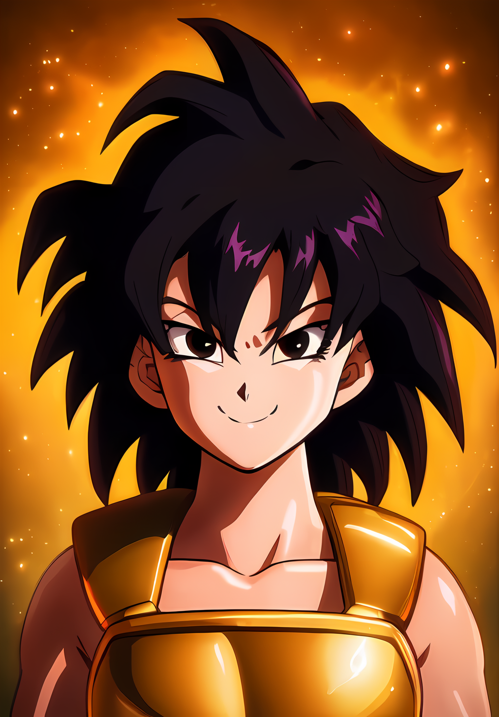 (Photo:1.3), highdetail, <lora:Gine:0.8>, Gine, 1girl, solo, saiyan armor, smile, ((portrait,)) Black Hair, (acclaimed, alluring, captivating, exciting, gorgeous, striking:1.3), (trending on artstation:1.3)