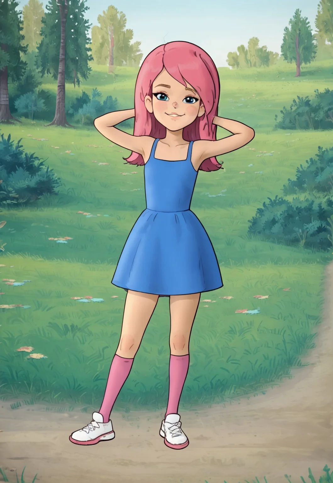 score_7, score_8, score_9, solo female, well drawn, detailed, 2d, flat colours, vector, line art, cartoon, 1girl, shorty girl, well drawn, detailed , prostokvashino, cartoon, olya, pink hair, bangs, snub nosed, huge blue eyes, eyelashes, thin hands, thin girl, thin legs, fit brawny body, perfect hands, perfect face, full body, smug smile, blue slip sundress, sleeveless, open shoulders, pink knee socks, white footwear, posing, parted legs, on tiptoes, 

outdoors, forest, looking at viewer, hands behind head, 