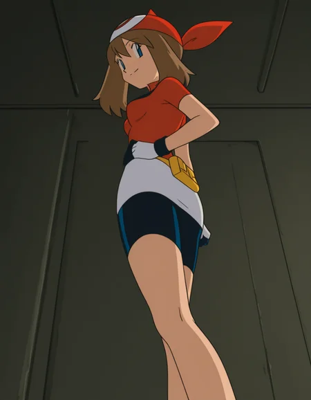 official style,may (pokemon), pokemon (anime), 2000s,brown hair, blue eyes, red bandana, red shirt, short sleeves, gloves, white pouch, white skirt, short skirt, pencil skirt, bike shorts,(((solo))),(standing:1.5),(hand on own hip:1.5),
explicit,(anime screencap), 2d cel anime,anime cap,anime,anime style,anime cel,cell shadedsoft brightness,perfect face,perfect nose, perfect hair, perfect eyes,perfect female body,perfect skin,a face of perfect proportion,perfect lighting,perfect anatomy,perfect proportion,perfect hands,perfect legs,perfect fingers,masterpiece,hair between eyes,
breasts,
perky breasts,best quality,very aesthetic,absurdres,16k,intricate detail,amazing quality,(bold:3.12),thick outline,black outline,harsh lines,soft lines,deluster,boldline,curvy,(anime coloring:1.2), smile,slim,Stadium,,day,coliseum,(pink:-1),
looking at viewer,
(from side:2.5),
super fine illustration,detailed linework,vibrant colors,kawaii,flat color,outdoors,(from below:2.5), <lora:ãã±ããã¢ã³ã¹ã¿ã¼ãã«ã«åå ´çã¢ãã¡ä½ç»é¢¨illustriousV1.1PokemonMayMOVIE_ANIME_StyleillustriousV.1.1:1:0.8>