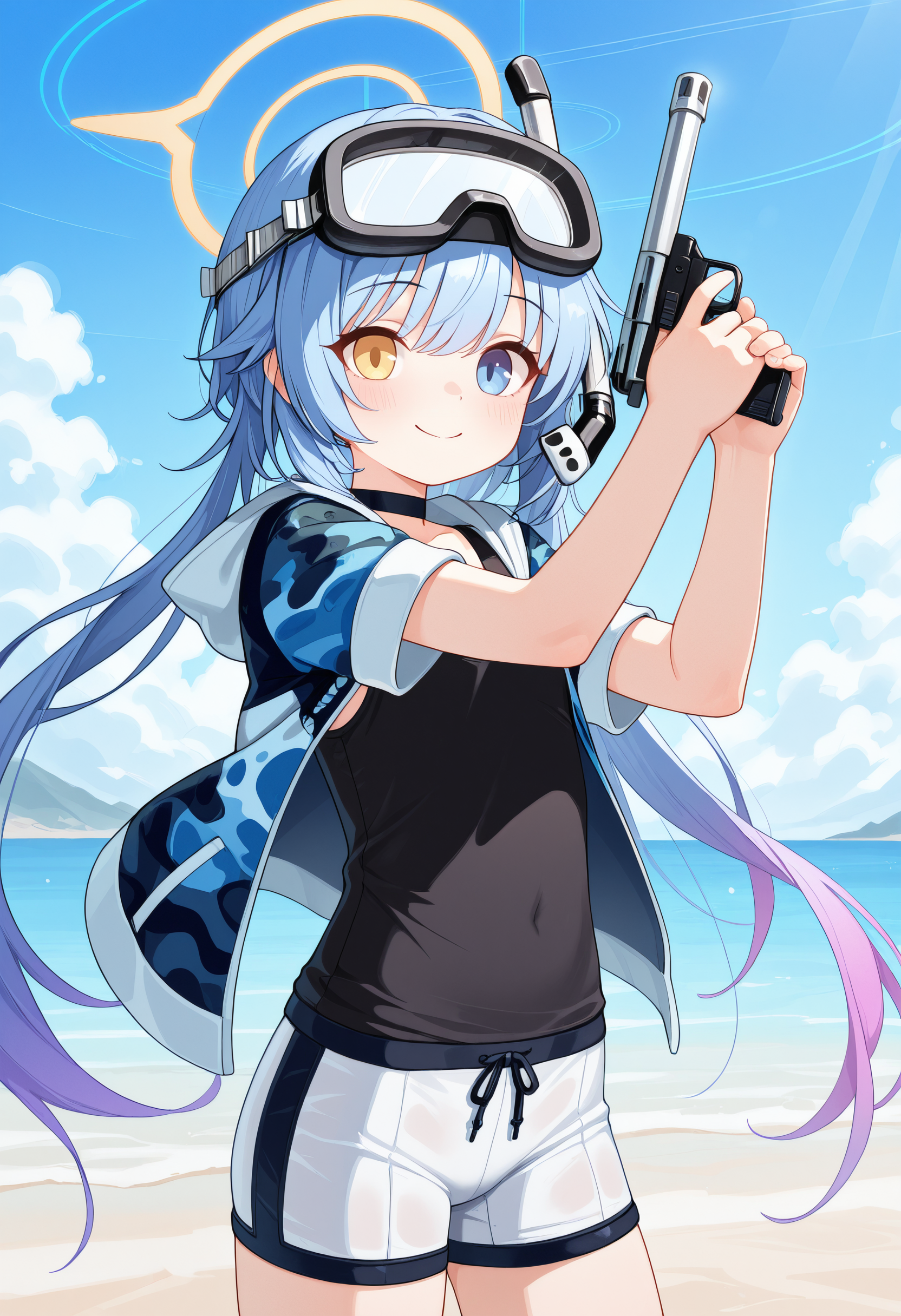 masterpiece, best quality, amazing quality,  <lora:illuSPP-1e21:0.9> 1girl, solo, SPP-1GFL, long hair, blue hair, low twintails, gradient hair, blue eyes, heterochromia, yellow eye, snorkel, diving mask on head, black choker, blue hooded jacket, camouflaged jacket, black tank top, loose tank top, short sleeves, white swimming trunks, holding handgun, two-handed, smile, blue archive halo, gold transparent techno halo, arms up,