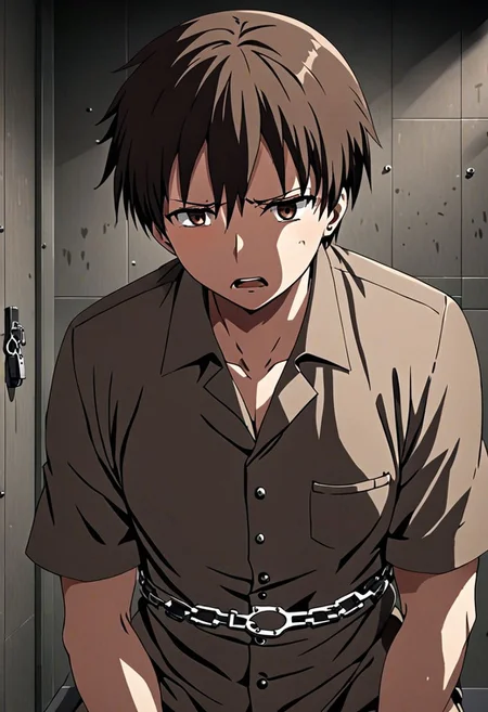 high resolution, solo, best quality, 1Boy, Takaki Toono, Brownish Hair, Brown Eyes, arrested, restrained, struggling, handcuffs, interrogated, interrogation room, OverallDetail