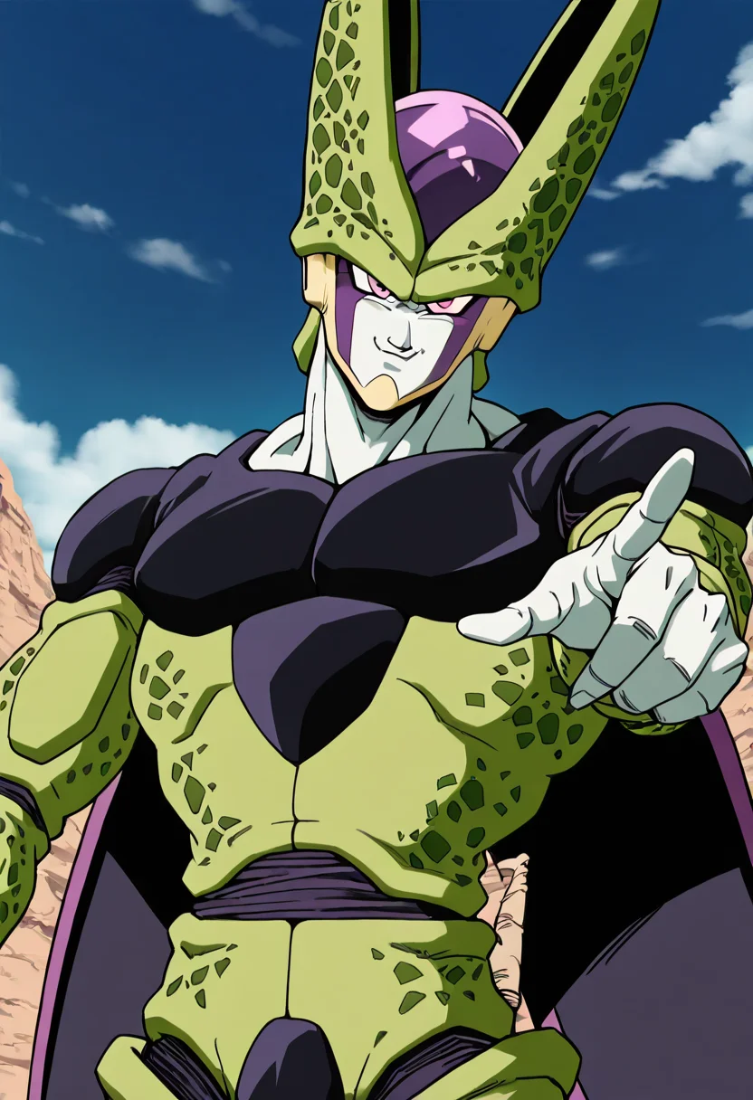 masterpiece, best quality, zzCell, pink eyes, colored skin, green skin, <lora:CellPerfectDB_IXL:1.0>, 1boy, solo, looking at viewer, smug, zzFrieza, upper body, pointing at viewer, ,