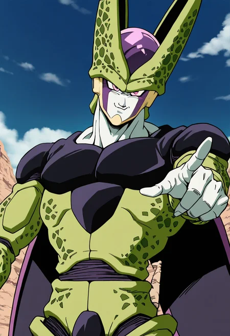 masterpiece, best quality, zzCell, pink eyes, colored skin, green skin, <lora:CellPerfectDB_IXL:1.0>, 1boy, solo, looking at viewer, smug, zzFrieza, upper body, pointing at viewer, ,