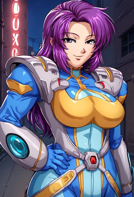score_9, score_8_up, score_7_up, <lora:offset_0.2:0.1>, <lora:spo_sdxl_10ep_4k-data_lora_webui:1>, BREAK,
Koukawa, 1girl, solo, mature female,
purple hair, long hair, purple eyes, BREAK,
srwbluepilotsuit, blue bodysuit, pauldrons, wrist guards, metal belt, grey armor, helmet, helmet removed, no headwear, unworn helmet, holding helmet, shiny clothes, glossy clothes, <lora:Pilot_suit__Super_Robot_Wars:1>, BREAK,
smile, facing viewer, hand on hip, BREAK,
outdoors, city, night, neon lights