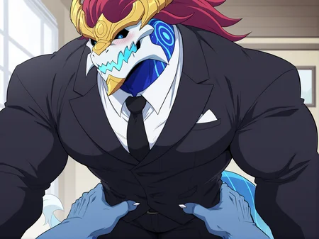masterpiece,best quality,toraya \(doujintraya\),konya karasue,anime coloring,anime screenshot,bara,(barazoku:1.15),(muscular,big muscles,muscular male:1.1),cowboy shot,(pov,:1.1),(pov_hands:1.1),(hand on another's hip),1boy,furry male,dragon,aurelion sol,skull head,blue skin,yellow headgear,blue eyes,black sclera,(blue body markings:0.9),5 fingers,red hair,tail tuft,big muscles,<lora:aurelion sol_noob_prodigy-000040:1>,butler uniform,white_shirt under clothes,black tuxedo,necktie,white gloves,headgear,
standing,blush,surprised,bedroom,window,detailed background,aurelion sol is opening his hand helplessly,spread arms,