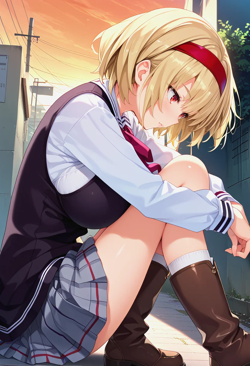 <lora:NTLSIA_Pv1-000040:1>, ntlsia, 1girl, blonde hair, red eyes, short hair, school uniform, hairband, dusk, large breasts, blush, sitting, boots, brown footwear, from side, orange sky, outdoors, , solo ,, high quality, upper body, from side, grasping one's knees, sunset, black cat,, BREAK score_9, score_8_up, score_7_up, score_6_up, source_anime, best quality,