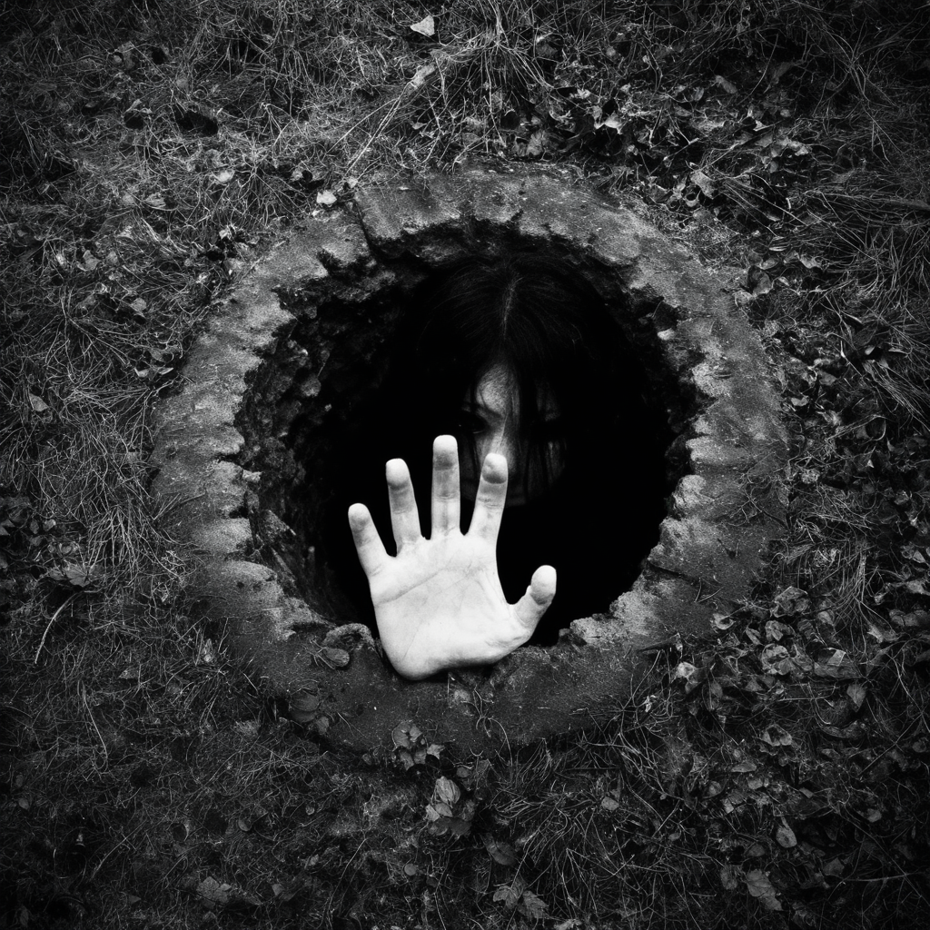 Horror-themed,  <lora:Kayako Saeki Sadako Yamamura:1>
a hand reaching out is in a pit well in a field at night,solo,monochrome,water,scenery,dark,watercraft , pale skin, supernatural, horror film, moonlight, Japanese, extreme rage, sorrow, cinematic, film, movie, movie still, Ju-On The Grudge movie style, Eerie, unsettling, dark, spooky, suspenseful, grim, highly detailed