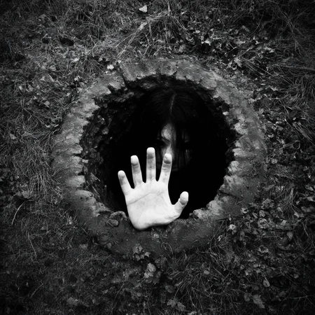 Horror-themed, <lora:Kayako Saeki Sadako Yamamura:1>
a hand reaching out is in a pit well in a field at night,solo,monochrome,water,scenery,dark,watercraft , pale skin, supernatural, horror film, moonlight, Japanese, extreme rage, sorrow, cinematic, film, movie, movie still, Ju-On The Grudge movie style, Eerie, unsettling, dark, spooky, suspenseful, grim, highly detailed