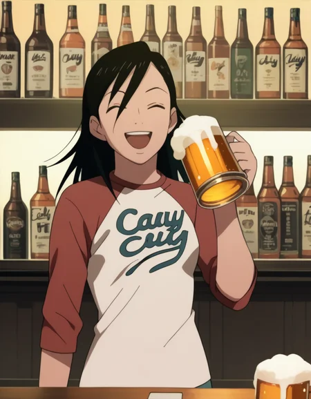 score_9, score_8_up, score_7_up, source_anime, <lora:izumi-maho-koyuki-ponyxl:1> minamimaho, raglan sleeves,
1girl, beer, closed eyes, open mouth, happy, counter