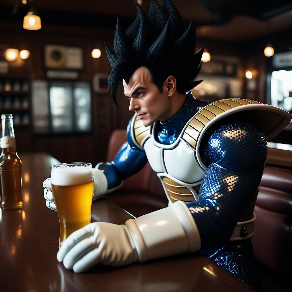 cinematic photo a man, black spiked hair, saiyan armor, white gloves, white boots, solo, having a beer in a pub <lora:Vegeta1024:0.8> . 35mm photograph, film, bokeh, professional, 4k, highly detailed
