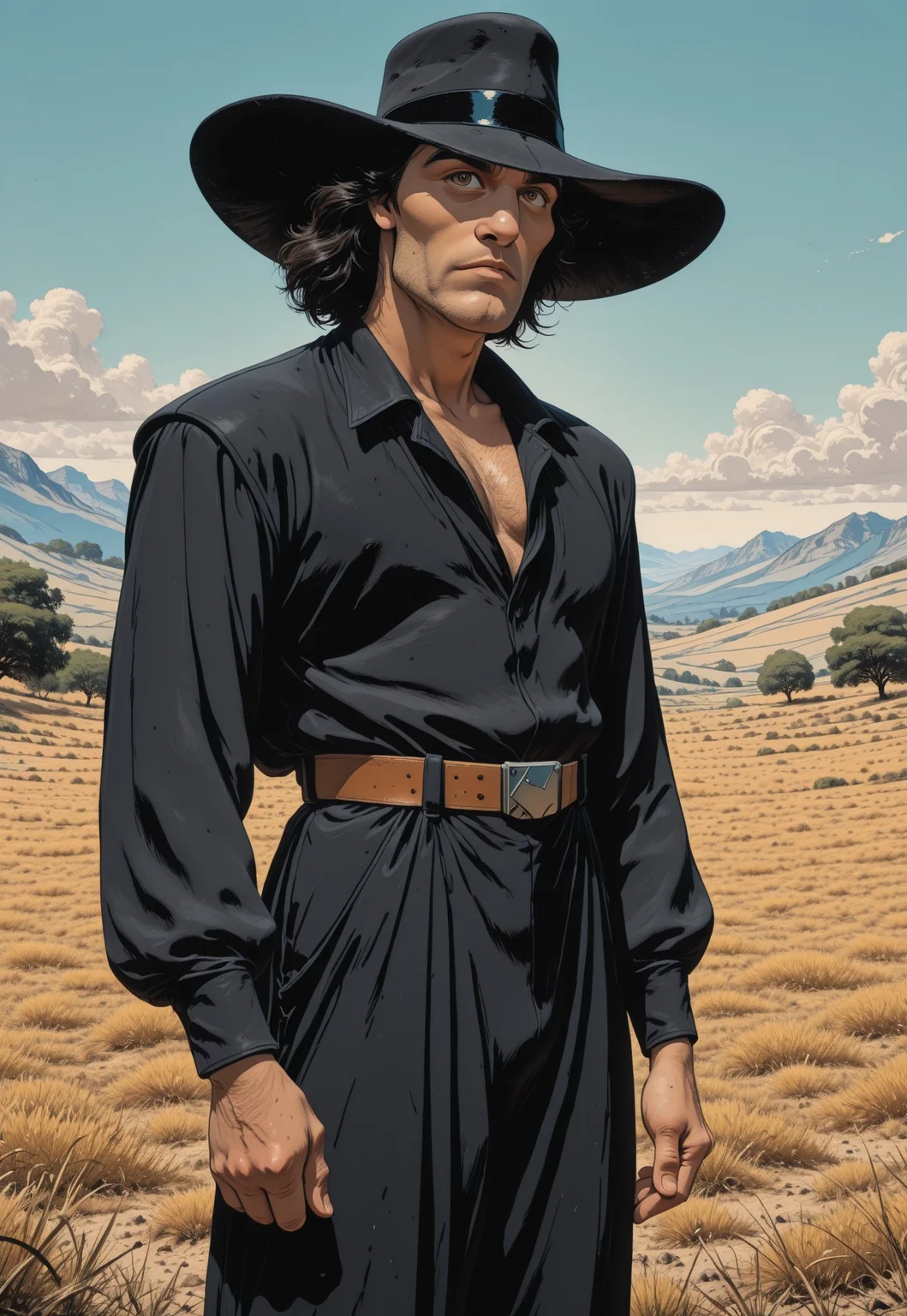 A detailed close-up comic book style illustration of a tall, slender, stylish, roguishly handsome and mysterious cowboy, wearing a stylish suit and black, broad-billed hat, stands isolated in a bleak, rural landscape with an old farmhouse, black-and-white noir photography style, Enki Bilal, Geoff Darrow, Philippe Druillet, Edgar P. Jacobs, Brandon Graham, Linnea Sterte, James Stokoe, Hayao Miyazaki, Katsuhiro Otomo, François Schuiten, 
anime meets ligne claire meets Americana, Westworld meets Cowboy Bebop, RvR_Comic_Style
