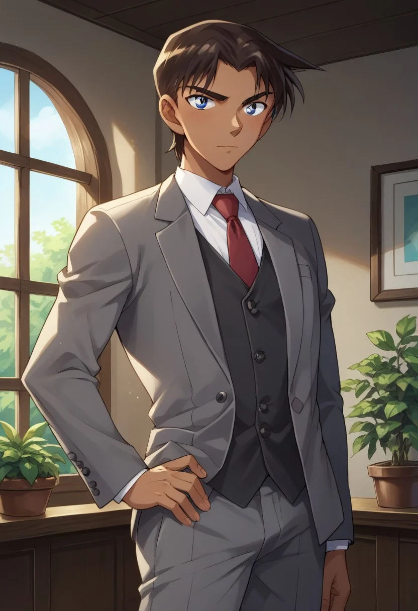 score_9, score_8_up, score_7_up, source_anime, highly detailed,
heijihattori, 1boy, dark-skinned male, male focus, dark skin, solo, hand on hip, necktie,
formal, suit, grey vest, pants, grey pants, looking at viewer, vest, adjusting clothes, brown hair, blue eye, upper body
indoor, window, plant,