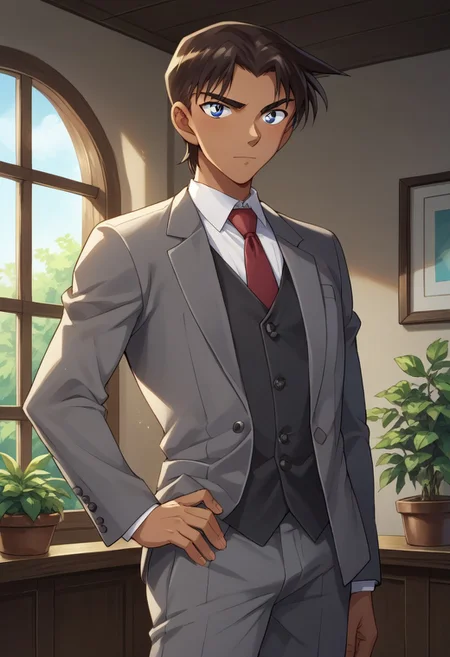 score_9, score_8_up, score_7_up, source_anime, highly detailed,
heijihattori, 1boy, dark-skinned male, male focus, dark skin, solo, hand on hip, necktie,
formal, suit, grey vest, pants, grey pants, looking at viewer, vest, adjusting clothes, brown hair, blue eye, upper body
indoor, window, plant,