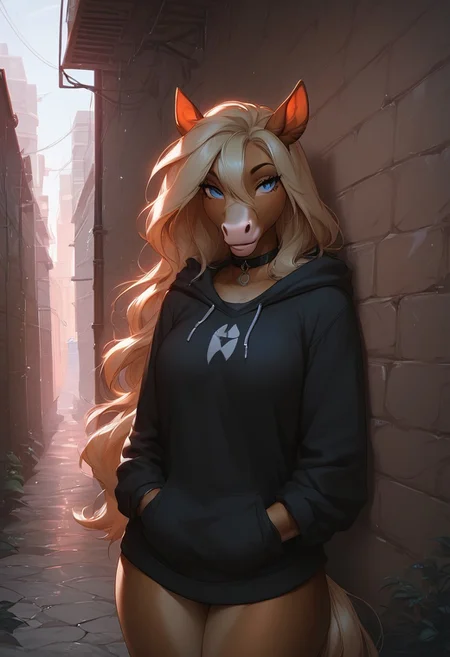 score_9, score_8_up, score_7_up, source_anime, Beautiful Lighting, 1girl, blue eyes, blonde hair, long hair, hair intakes, hair between eyes, (outdoors, alley:1.3), black choker, furry, (draft horse), hoodie, thighs,