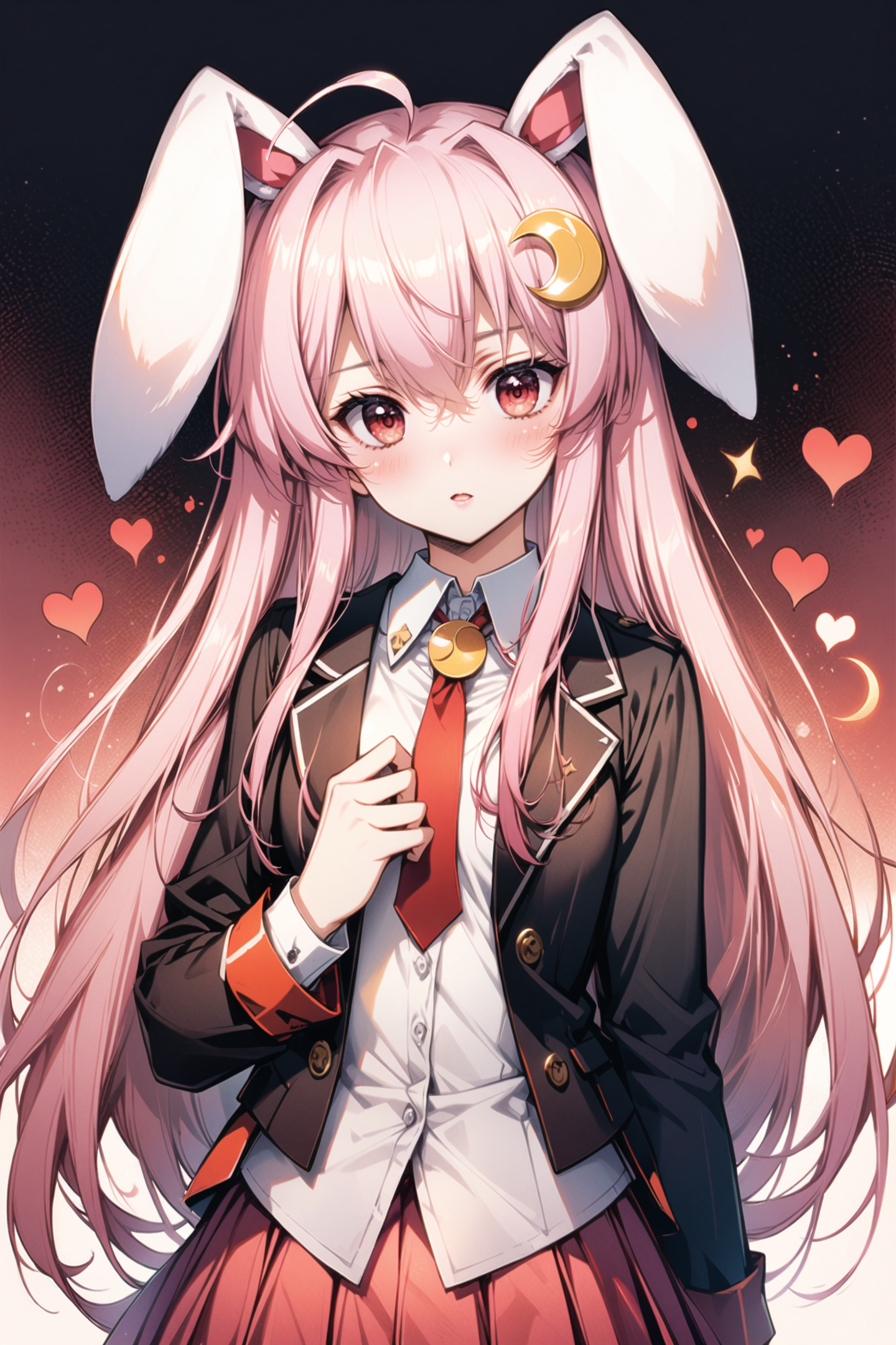 1girl, solo, animal ears, crescent, rabbit ears, long hair, red eyes, reisen udongein inaba, jacket, looking at viewer, shirt, heart, pink hair, skirt, hair ornament, long sleeves, white shirt, ahoge, simple background, black jacket, upper body, blush, bangs, hair between eyes, parted lips, crescent hair ornament, pleated skirt, crescent pin, collared shirt,<lora:flyx3_XL:1>,