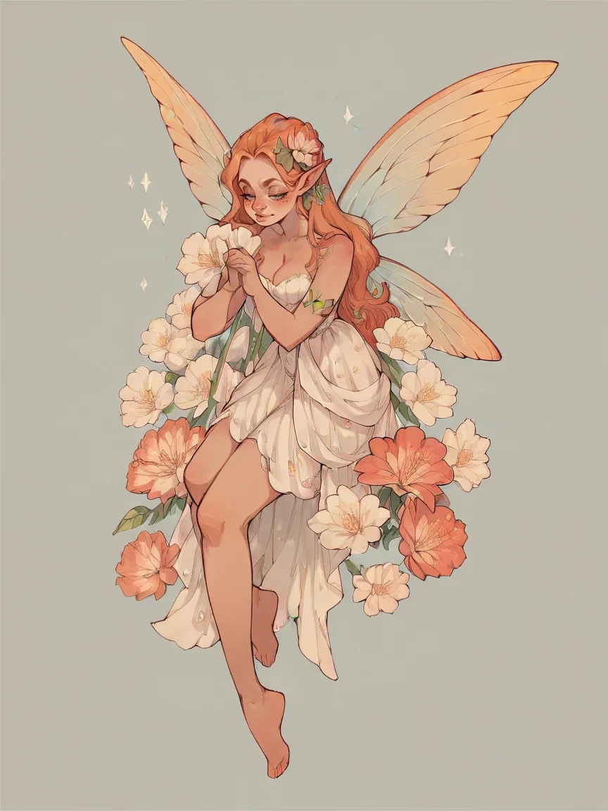 score_9, score_8_up, score_7_up, score_6_up, score_5_up, score_4_up, <lora:s0ftf41ryXLP:0.7> s0ftf41ry, large flower, fairy, curvy, ginger hair, 1girl, pink, blue,