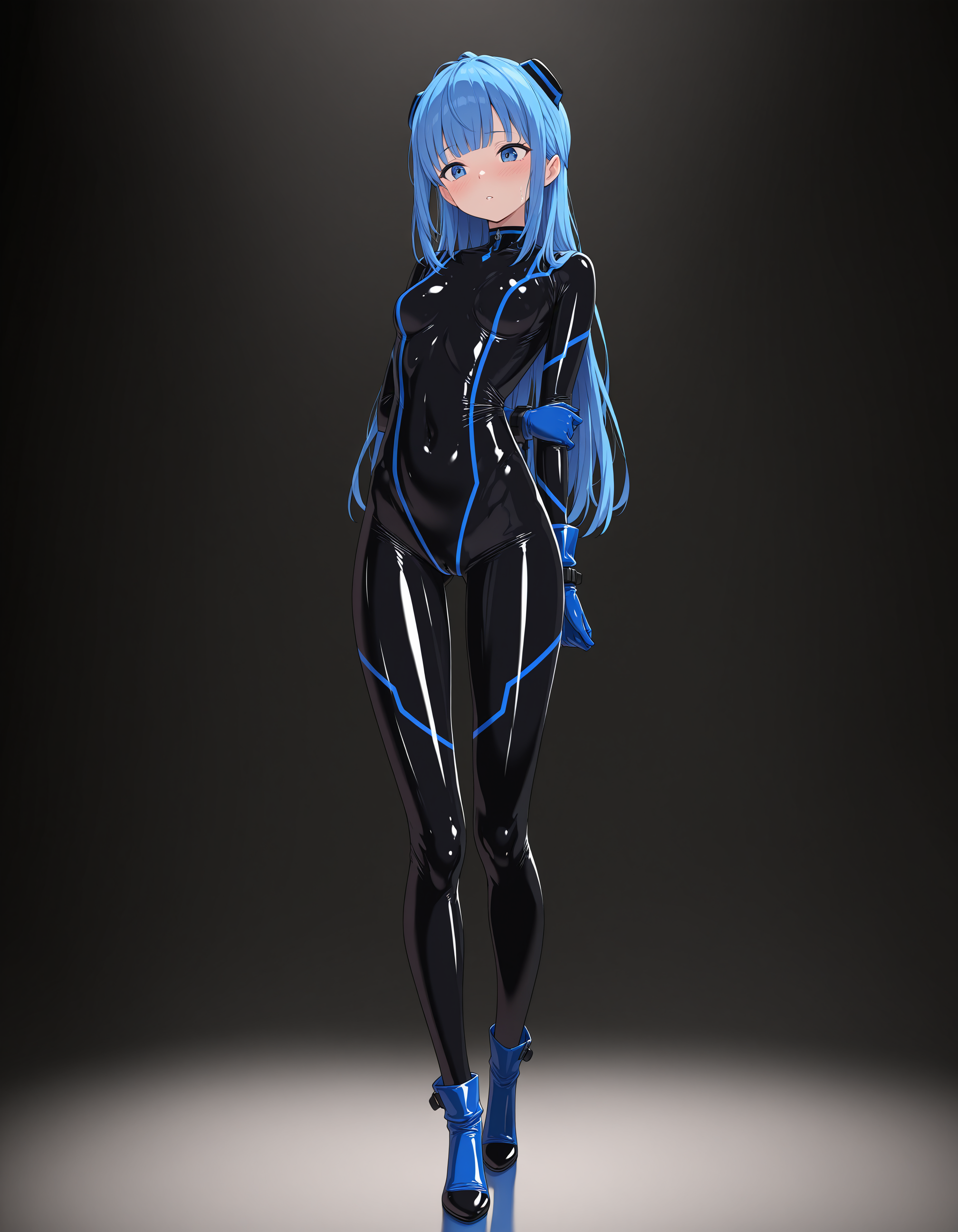 masterpiece,best quality,amazing quality,very aesthetic,high resolution,ultra detailed,perfect details,
1girl,<lora:mai_aigis_blue:1>,mai_aigis_blue,1girl,solo,long_hair,breasts,blush,blue_eyes,simple_background,gloves,blue_hair,full_body,sidelocks,small_breasts,parted_lips,blunt_bangs,covered_navel,bodysuit,headgear,black_background,skin_tight,shiny_clothes,black_bodysuit,latex,latex_bodysuit,
standing,full body,