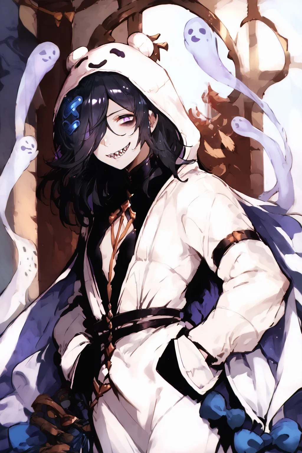 score_9, score_8_up, score_7_up, score_6_up, score_5_up, source anime, solo, 1girl, (lich \(granblue_fantasy\)), (hlich), white robe, hair over one eye, purple eye, (hands in pockets), cowboy shot, sharp teeth, smile, looking at viewer, realistic background, lounge, indoors, thin arms, narrow shoulders, petite, long hair, black hair , long hair, hair ornament, <lora:Smooth Anime 2 Style SDXL_LoRA_PonyXL Diffusion V6 XL:1> <lora:OldAnimeStyle_PonyXL_v3:0.5> <lora:Halloween_Lich_Granblue_Fantasy15:1>