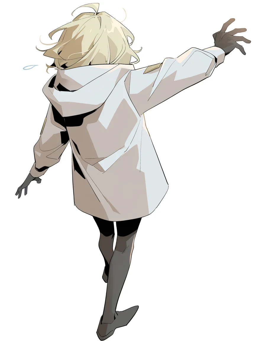 from behind,lamiya,1girl,solo,white background,simple background,hood,long sleeves,ahoge,gloves,blonde hair,sweatdrop,full body,black_pantyhose,<lora:lamiya_noob>,
masterpiece,best quality,very aesthetic,absurdres,