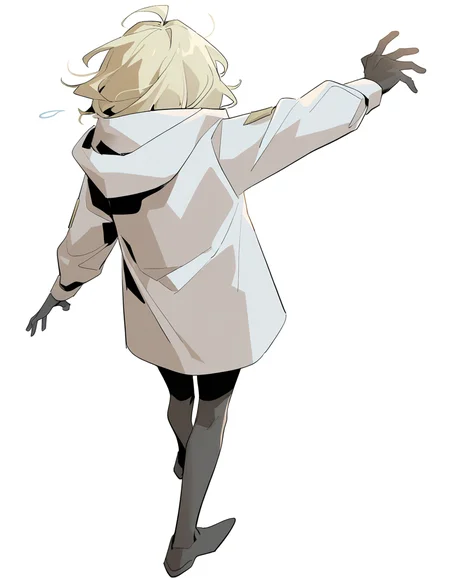 from behind,lamiya,1girl,solo,white background,simple background,hood,long sleeves,ahoge,gloves,blonde hair,sweatdrop,full body,black_pantyhose,<lora:lamiya_noob>,
masterpiece,best quality,very aesthetic,absurdres,
