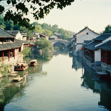 4k,realistic,photograph,analog film photo Deep photo,ferrania p30 film,Kodachrome,grainy,chinese style,daytime,sunny,
a beautiful chinese town,trees,river,bridge,
east asian architecture,<lora:east_asian_architecture:0.85>,