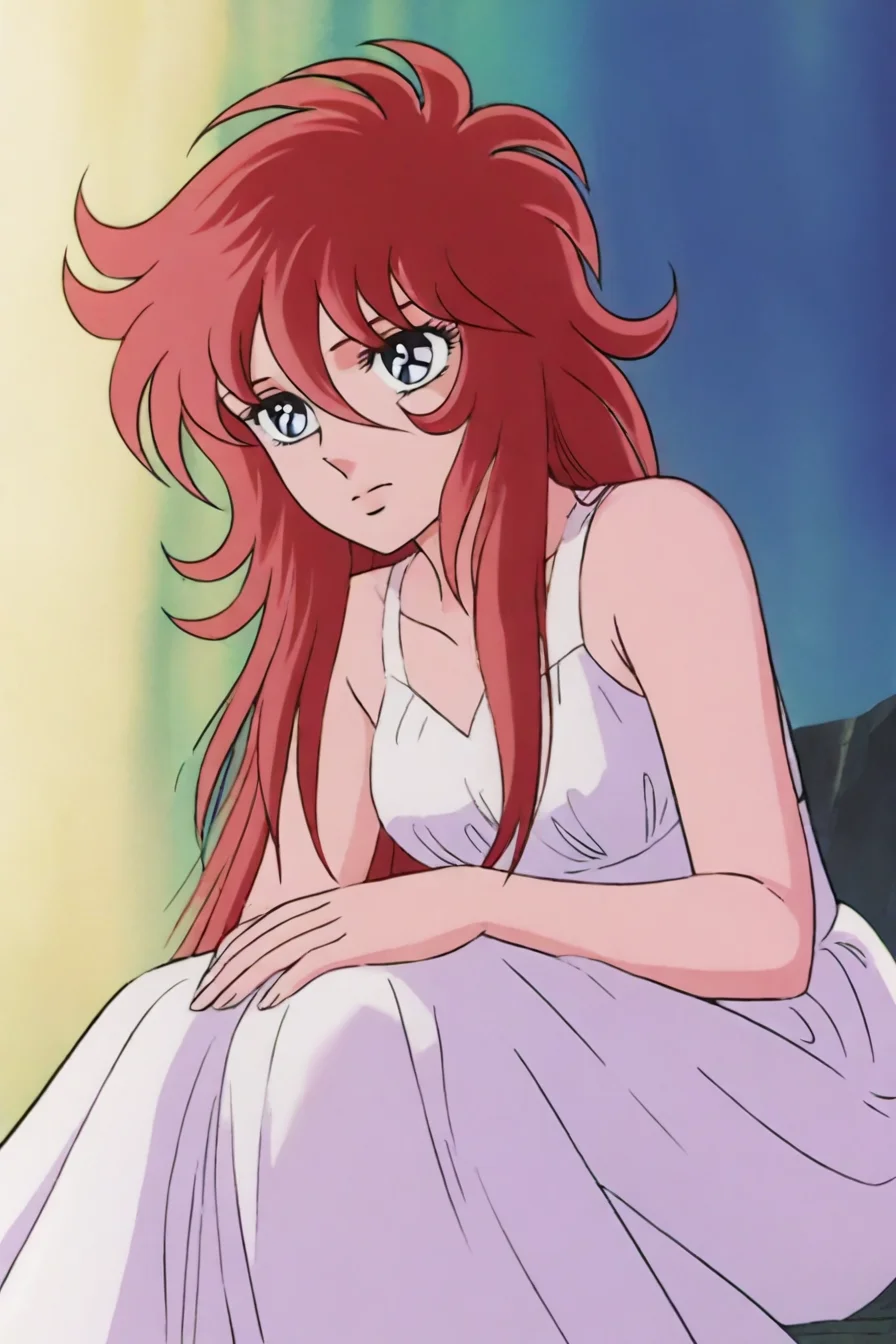 white dress, red hair, blue eyes, 1girl, solo, alone, <lora:saint_seiya_style_illustriousXL:0.8>, saint_seiya_style, masterpiece, highres