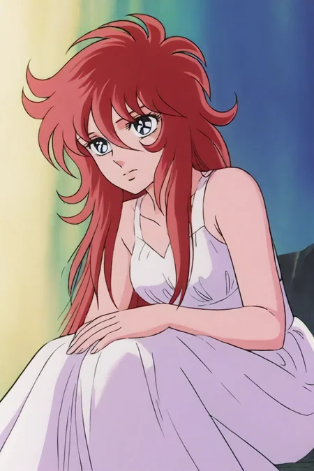 white dress, red hair, blue eyes, 1girl, solo, alone, <lora:saint_seiya_style_illustriousXL:0.8>, saint_seiya_style, masterpiece, highres