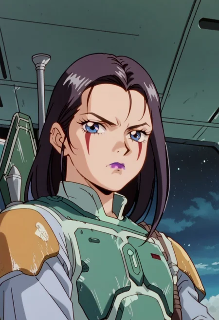 score_8, score_8_up, score_7_up, AWGXS, anime screenshot, retro artstyle,1990s (style), cel animation BREAK 1girl, female focus, solo, boba fett, long hair, black hair, blue eyes,dark purple lipstick, facial mark, black eye shadow, green armor plating, cowboy shot, spacecraft interior, looking at viewer, frown, headwear removed,