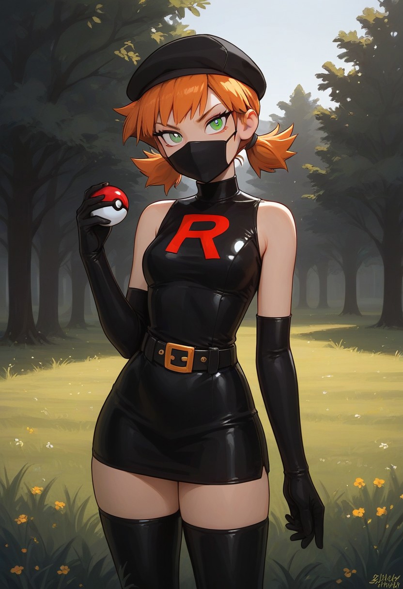 score_9, score_8_up, score_7_up,  1girl, modern college girl, solo, 18 years old, light ginger hair, straight bangs, misty from Pokemon, short braided twintails, messy hair, long bangs, green eyes, cute, cute, long black dress, belt, sleeveless, perfect eyes, shifty looking, sketchy girl, suspicious, suspect, black beanie hat, perfect eyes,((very slim, petite:1.2)), small breasts, perky breasts, dramatic lighting, outdoors, field, trees, grass, park, pretty girl, (young), standing, clear detailed face, square face, ((milky white skin)), perfect girl, beautiful, very short girl, ((wide hips, thick thighs, narrow waist)), thin black eyeshadow, ((curvy, plump, thin arms, narrow shoulders, petite, perfthig)), ((medical mask, surgical mask)), ((black latex opera gloves, latex gloves)), ((team rocket, team rocket outfit, team rocket logo)), ((fascist, fascist girl:1.2)), ((holding poke-ball, throwing poke-ball:1.2)), sexy outfit, sexy girl, sexy pose, annoyed, fierce eyes, squinting eyes, ((eyeliner, eyeshadow, mascara)), dominatrix, ((hypno Pokemon), ((yellow man, colored skin), hypno, hypnosis coin