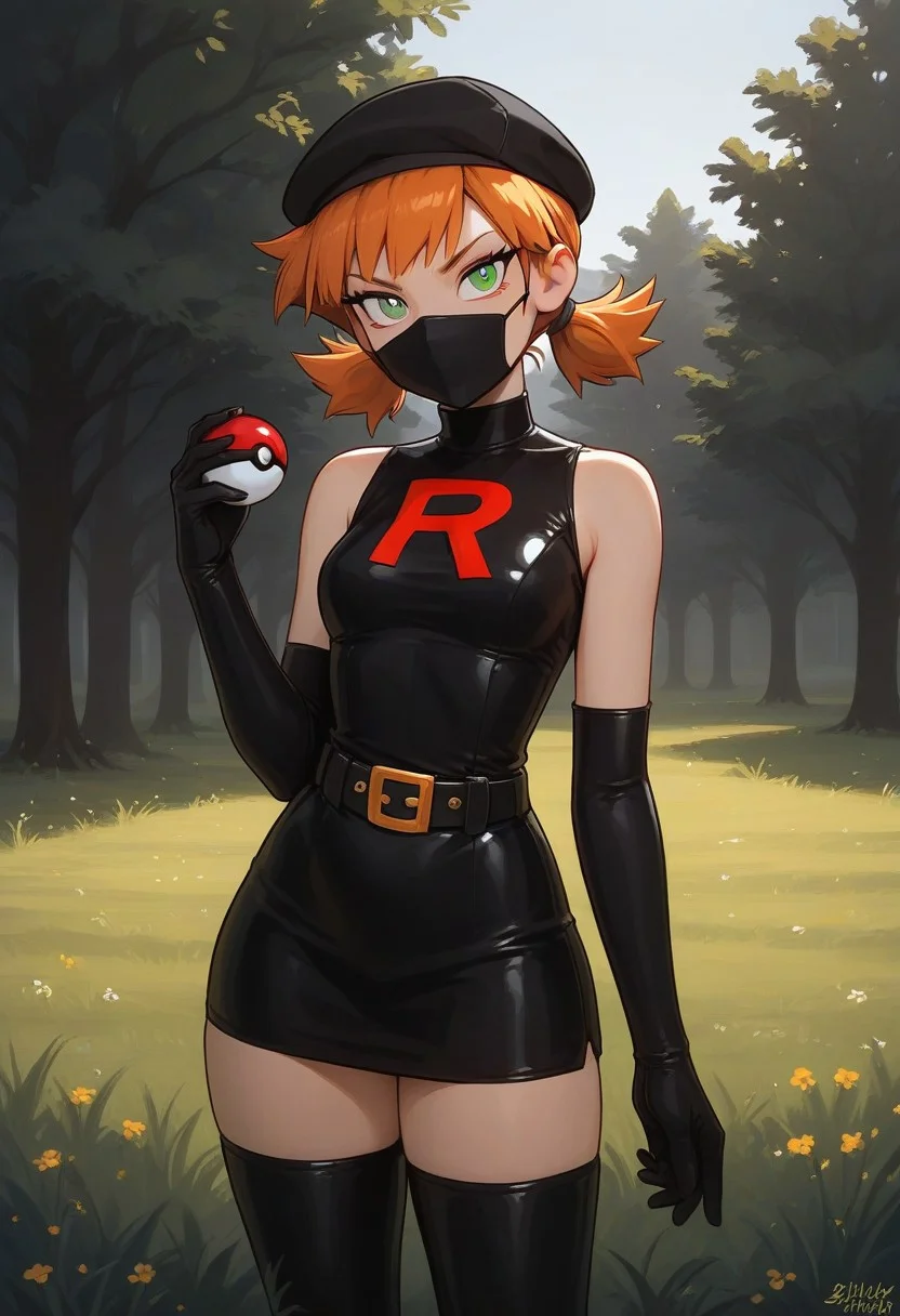 score_9, score_8_up, score_7_up, 1girl, modern college girl, solo, 18 years old, light ginger hair, straight bangs, misty from Pokemon, short braided twintails, messy hair, long bangs, green eyes, cute, cute, long black dress, belt, sleeveless, perfect eyes, shifty looking, sketchy girl, suspicious, suspect, black beanie hat, perfect eyes,((very slim, petite:1.2)), small breasts, perky breasts, dramatic lighting, outdoors, field, trees, grass, park, pretty girl, (young), standing, clear detailed face, square face, ((milky white skin)), perfect girl, beautiful, very short girl, ((wide hips, thick thighs, narrow waist)), thin black eyeshadow, ((curvy, plump, thin arms, narrow shoulders, petite, perfthig)), ((medical mask, surgical mask)), ((black latex opera gloves, latex gloves)), ((team rocket, team rocket outfit, team rocket logo)), ((fascist, fascist girl:1.2)), ((holding poke-ball, throwing poke-ball:1.2)), sexy outfit, sexy girl, sexy pose, annoyed, fierce eyes, squinting eyes, ((eyeliner, eyeshadow, mascara)), dominatrix, ((hypno Pokemon), ((yellow man, colored skin), hypno, hypnosis coin
