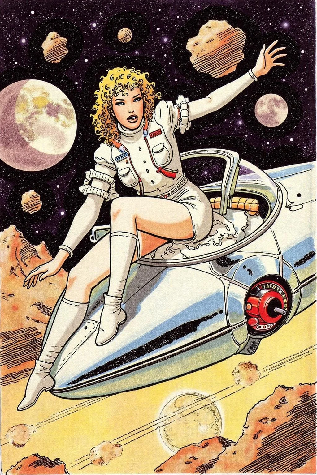 itacomic1 illustration of a woman wearing a futuristic yet retro spacesuit sitting inside a retro chrome spacecraft, confidently pilotingthrough asteroids <lora:itacomic_mima4_nocap_d4a2:1.0><lora:801717755603675837:0>