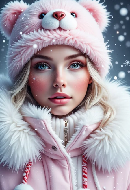 Contrail, mosaic, Fantasy realism, Storybook Illustration, double exposure, delicate detailed inspired by [Artgerm, Brian M  Viveros, Esao Andrews], light pink | white stripes, sharp focus, triadic colors, gorgeous girl, peachy lips, snow suit, light pink teddybear santa hat, small snowflakes , dynamic pose, luminism, magic light rings, bioluminescence, 32k