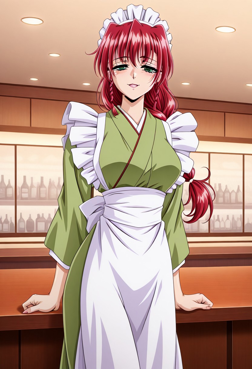 masterpiece, best quality, newest, highres, uncensored, 1girl, yokota mamoru style,motion lines,1girl,Yamashita Kumi, Braided Hair Loopies, Long Hair, Red Hair, Spiky Bangs,Cyan eyes, Tareme eyes,, Slim, Young-adultmasterpiece, best quality,The image is a digital illustration in the anime style, featuring a young woman with striking red hair styled in a bob with bangs, tied back with a white headband. Her eyes are large and expressive, with a bright, slightly mischievous sparkle. She has a fair skin tone and is dressed in a traditional Japanese maid outfit, consisting of a green kimono with a white apron tied at the waist, adorned with a frilly edge,luxury restaurant,torogao,seductive smile,