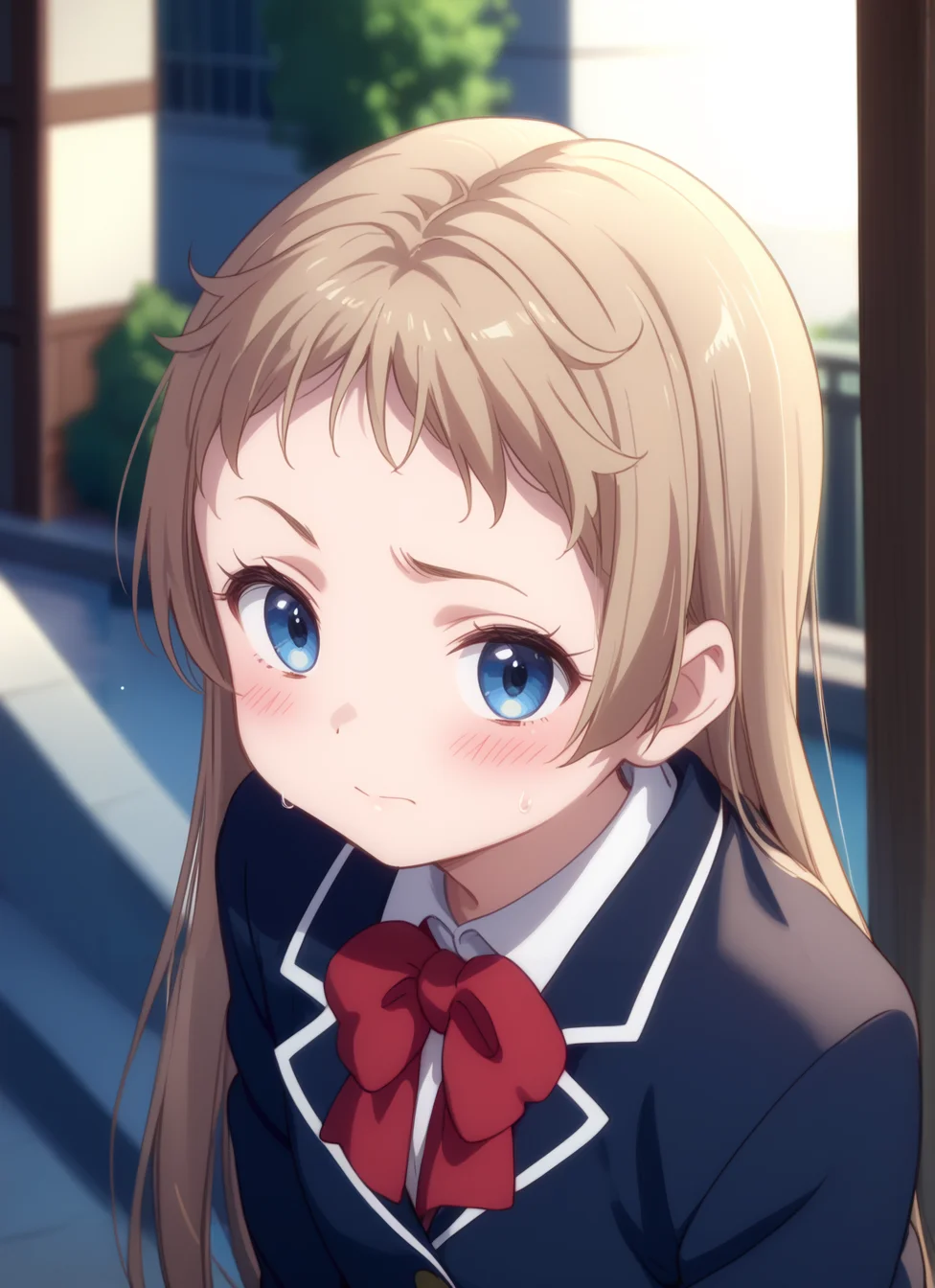 score_9, score_8_up, score_7_up, source anime, score_9,score_8_up,masterpiece,best quality,correct anatomy,solo,anime_source,1girl,solo,perfect eyes,perfect arms,perfect legs,perfect face,outdoors,upper body,(portrait:1.5),looking at viewer,facing viewer,embarrassed,smile,blush,Sanae Dekomori,long hair,light brown hair,hair down,sidelocks,bangs,blue eyes,icho private high school uniform,black jacket,blazer,collared shirt,white shirt,red bowtie,long sleeves,small breasts,miniskirt,red skirt,plaid skirt,frilled skirt,white socks,loafers,<lora:Sanae Dekomori(cdkgs)-Pony:1>,, BREAK ,anime screencap, anime coloring,, , shiny, shiny skin, shiny hair, soft body,, BREAK ,score_9, score_8_up, score_7_up, detailed face, detailed body, best background, detailed background, uncensored,, , <lora:add-detail-xl:1.1>, <lora:enhancerV4-pony:1>, <lora:PerfectEyesXL:0.8> perfecteyes,