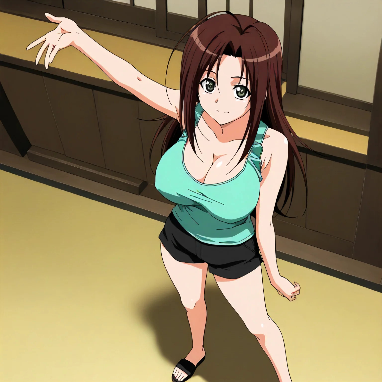 <lora:YnS_ifukube_yahiroXLIllustrious001>,
masterpiece,best quality,good quality,newest,
detailed background,glitter,
smile,
looking at viewer,
solo,
anime coloring,2000s \(style\),
ifukube_yahiro\(yosuganosora\),1girl,brown hair,long hair,green black eyes,
large breasts,
aqua tank top,cleavage,
black shorts,
sandals,
standing,