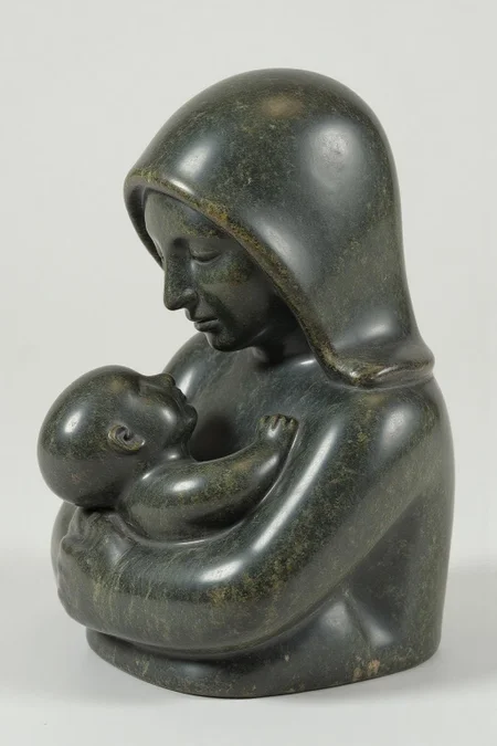 sculpture of a mother holding a baby. <lora:inuit_cap_d6a3e12:0.8><lora:821724490657569990:0>