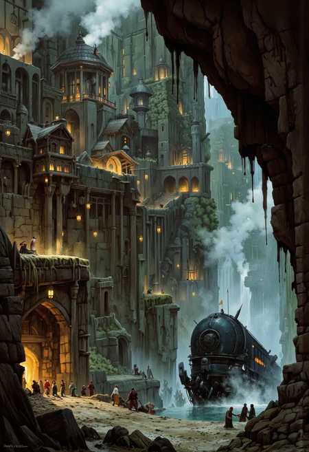 By Jakub Rozalski A dwarf city carved into the side of a canyon, with layered terraces of glowing forge smoke and hanging lanterns, where a council of elders stands before a crashed alien ship, half-buried in stone, mist curling around its chassis. A composition steeped in tension and reverence, evoking Rozalskiâs deep sense of history in every texture, but interwoven with fantasy sci-fi crossover like an elven-Renaissance take on Giger.