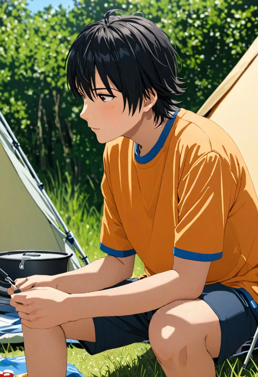 Yuusuke Fujisaki, masterpiece, Candid Photo, best quality, 1boy, solo, male focus, High definition, Black hair, 4K, camping
