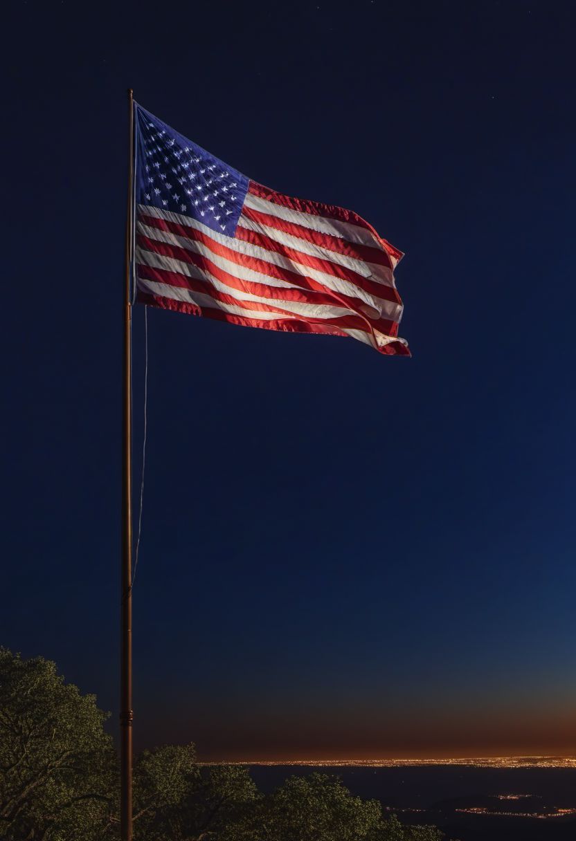 a photo of a ((us flag:1.2))  flying at midnight on a flagpole, stunning fantasy scenery, low viewing angle, Highly detailed, high resolution, Cinematic lighting, inspirational, 4K resolution, 8K resolution, Artstation HD, Artstation HQ, Vivid, Vibrant, Ultra detailed, Octane render, dramatic, Iconic, (midnight lighting), sharp focus, photographed on a cannon EOS R5, Photo-realism,