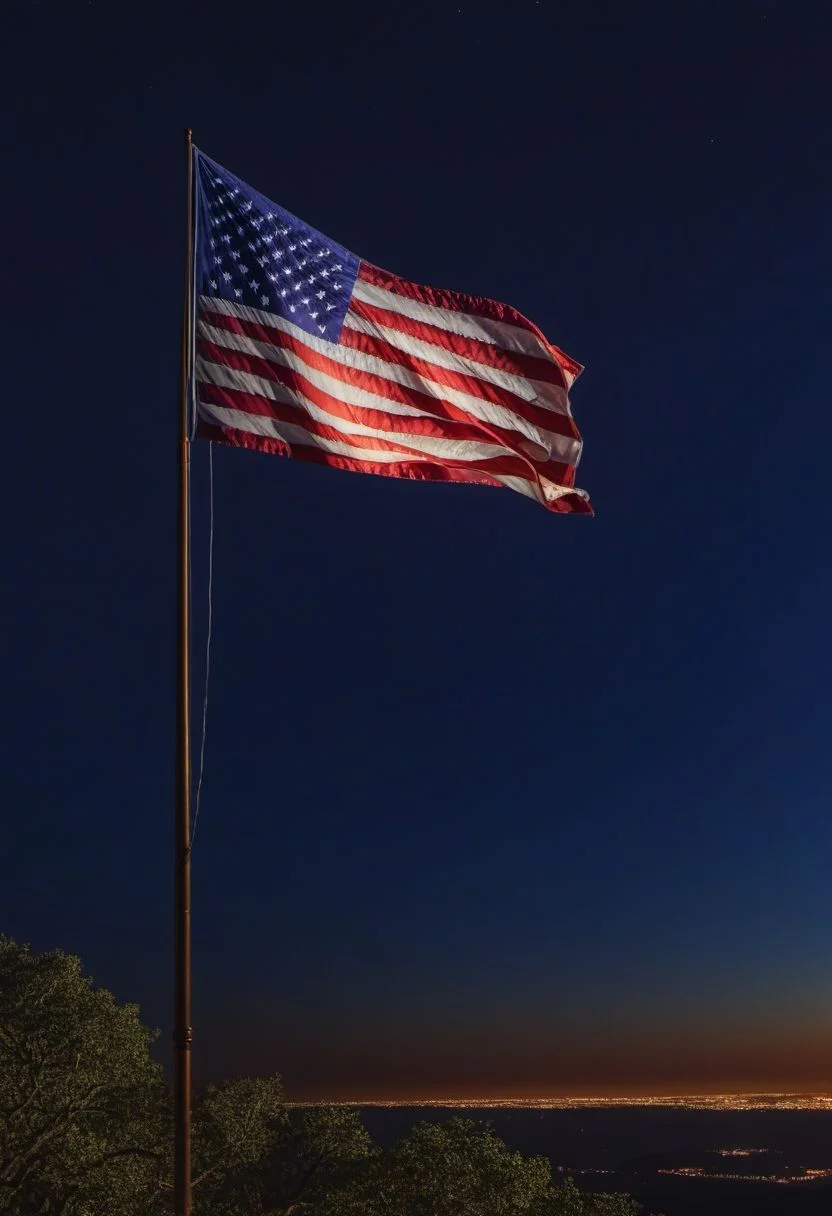 a photo of a ((us flag:1.2)) flying at midnight on a flagpole, stunning fantasy scenery, low viewing angle, Highly detailed, high resolution, Cinematic lighting, inspirational, 4K resolution, 8K resolution, Artstation HD, Artstation HQ, Vivid, Vibrant, Ultra detailed, Octane render, dramatic, Iconic, (midnight lighting), sharp focus, photographed on a cannon EOS R5, Photo-realism,