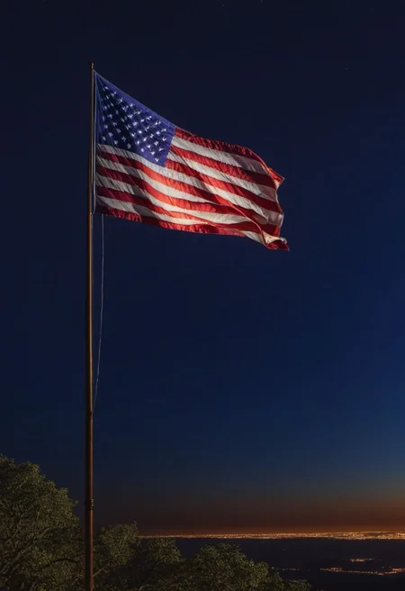 a photo of a ((us flag:1.2)) flying at midnight on a flagpole, stunning fantasy scenery, low viewing angle, Highly detailed, high resolution, Cinematic lighting, inspirational, 4K resolution, 8K resolution, Artstation HD, Artstation HQ, Vivid, Vibrant, Ultra detailed, Octane render, dramatic, Iconic, (midnight lighting), sharp focus, photographed on a cannon EOS R5, Photo-realism,