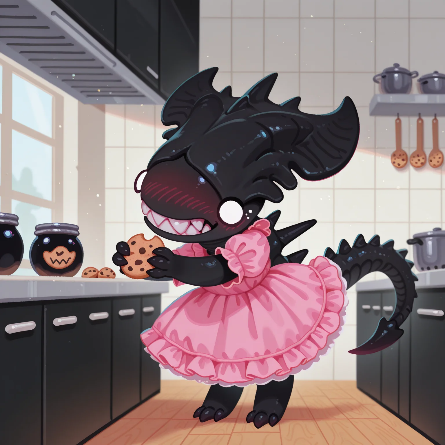 masterpiece, best quality, amazing quality, very aesthetic, absurdres, newest, pikaole, cute, (solo), xenif, teeth, sharp teeth, tail, no humans, monster, colored skin, black skin, claws, spikes, frilly pink dress, holding cookie jar, guilt, o o, blushing, kitchen, <lora:XenomorphQueenIL:1> <lora:pikaole:1>