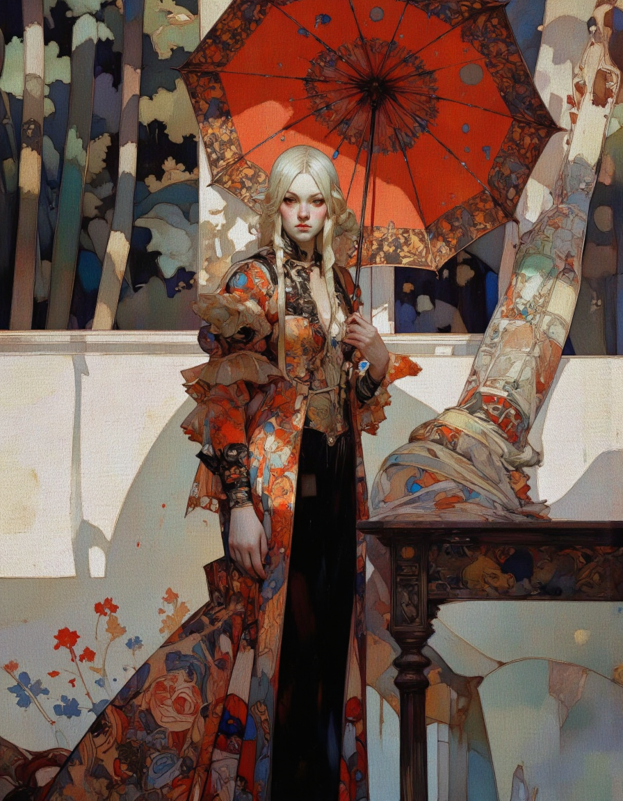 Steve McDonald Art. This is a digital painting of a female character with an elaborate and intricate design. She stands under a large, ornate red umbrella with detailed patterns. Her attire is a richly decorated, form-fitting gown in shades of red and black, adorned with lace and embroidery. The character has long, flowing white hair and pale skin, with striking red lips and dark eye makeup. Her expression is confident and enigmatic. The background is a soft, blurred depiction of a forest, with dappled sunlight filtering through the trees, adding a mystical ambiance to the scene, light particles..
(Dark intricate atmosphere, Light and shadow play, angle view:1.3). <lora:Steve_McDonald:1.25>