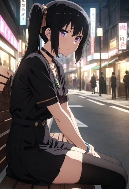 masterpiece, best quality, ultra detailed, highres, 4k, (ultra-detailed:1.4) (illustration:0.5), (ray tracing, :0.8), (anime colored:0.7), (ai-generated:0.5), 1girl, solo, shy, blushing,
<lora:kousakareina3.1XL1:1.0>, black hair, side ponytail, purple eyes, black shirt, black short skirt, black thighhigh, necklace, neck bracelet, wearing black high heels, looking at viewer, street, night, sit on bench, from side, potrait, full shot,
<lora:euphoniumcharacterXL1:1>, euphoniumcharacter, kousakareina
