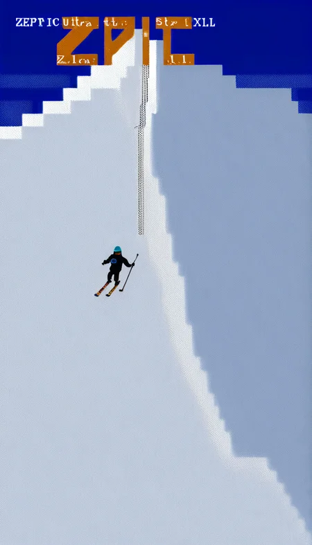 A secret spy base hidden in a snowy mountain, with a sleek agent skiing away from an avalanche, a clear, suspenseful sky above with (the "Epic ZZT Ultra XL" logo in retro computer text:1.3). <lora:Epic_ZZT_Ultra_XL:1.2>