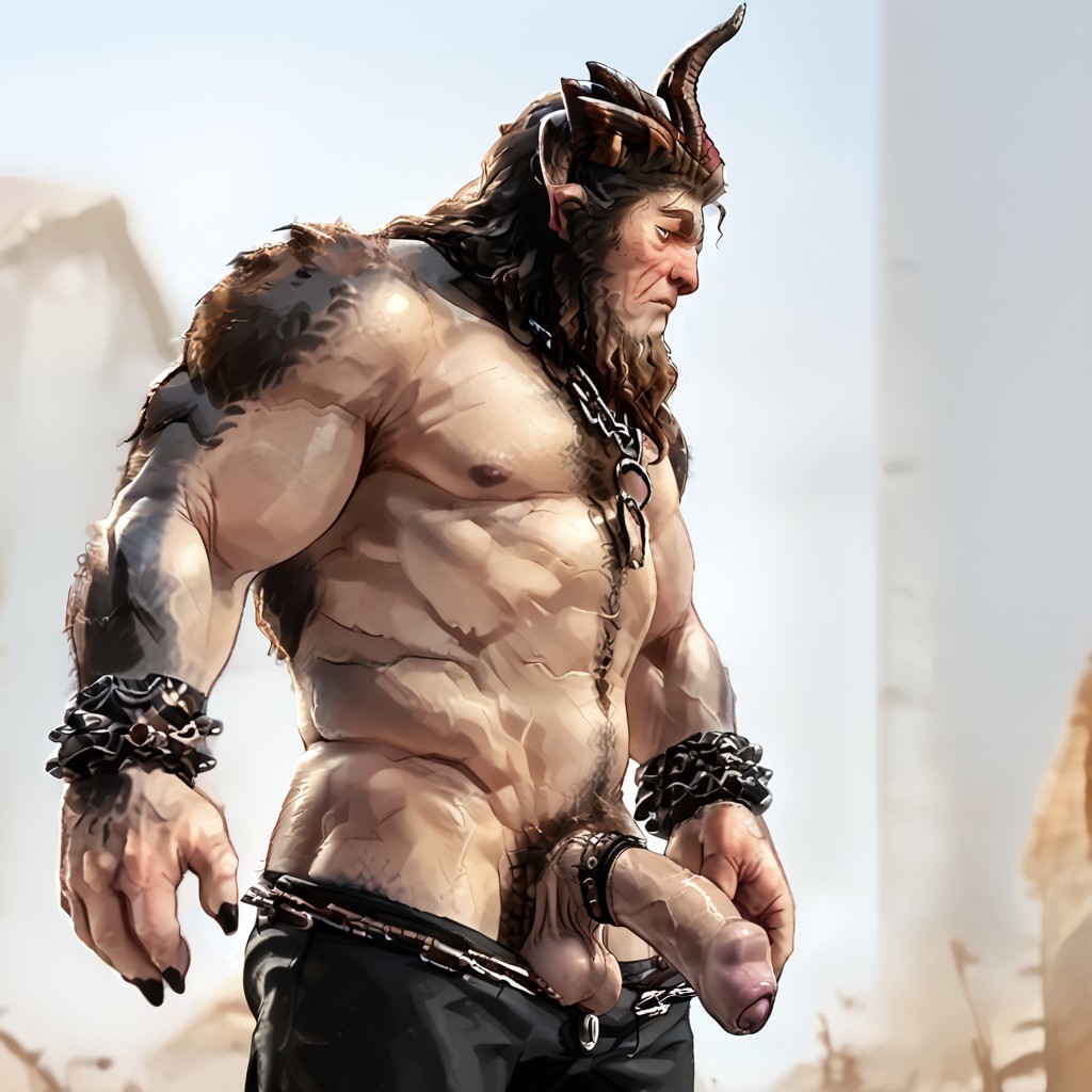 Zpdxl3, score_7_up, score_8_up, realistic, rear view,by wardraws, cowboy shot, from side, side view, 
BREAK,
Krampus, muscular, humanoid monster, hairy, horns, chains, pants down, very long penis, flaccid, surprised, closed mouth, looking down, hands raised, cock ring, animal penis, spiked penis, saggy balls,