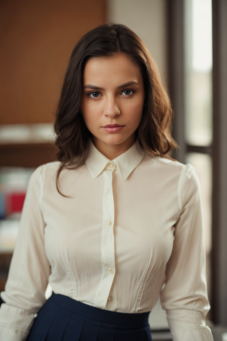 Film still, cinematic, close up portrait of a cute woman, at the office wearing blouse and skirt, tall socks, shot on film, sharp focus, shot on canon, backlit, rim light, detailed skin texture, detailed eyes, polaroid
